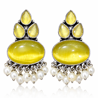 Boucles d'oreilles pendantes jaunes tendance avec perles tombantes |   Boucles d'oreilles en argent antique pour femmes |   Bijoux Bohèmes
