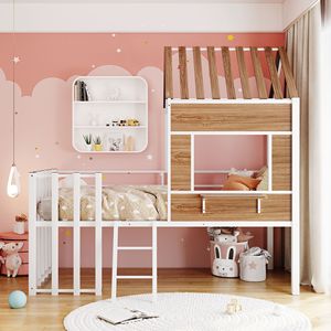Letto a soppalco in metallo bianco per bambini, con finestra sul tetto, ringhiera di protezione e scaletta - Product Image 2