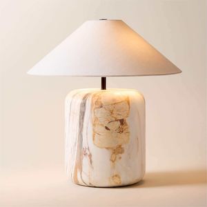 Luxury White Marble Modern <b>Table</b> Lamp with Cylindrical Shade for Housewarming Tabletop Use in Bedroom & Living Room Decor - Product Image 1