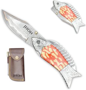 Handmade <b>Copper</b> Damascus Steel Hunting/Fishing/Camping Multi-Functional Folding Pocket Knife Steel Engraved Orange Yellow Resin - Product Image 1