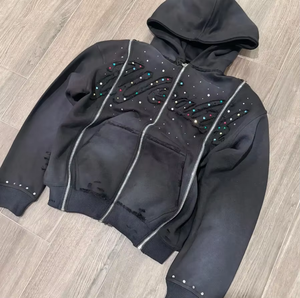 Sweat à capuche streetwear pour homme de haute qualité, personnalisé, délavé, effet soleil, avec fermeture éclair, broderie 3D en strass, coupe oversize, 100% coton, automne - Product Image 5