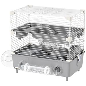 Gabbia a 2 livelli per criceti nani con bagno in sabbia, ruota per esercizio e tubi per borraccia, ideale per allevamento all'aperto di criceti grigi - Product Image 1