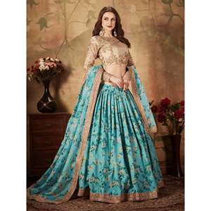 Encantador cielo azul floral impreso Organza boda Lehenga Choli - Product Image 4