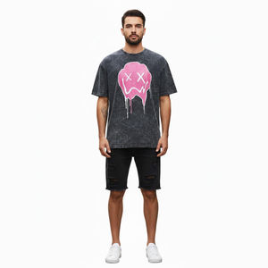 T-shirt en coton épais 100% coton à manches courtes et épaules tombantes, avec logo personnalisé imprimé, effet délavé, pour le streetwear. - Product Image 2