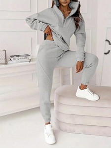 Conjunto de sudadera con cuello alto y pantalón, sudaderas con capucha personalizadas con cremallera frontal y ribete, chándal de invierno para mujer al por mayor, Athleisure de fábrica - Product Image 4