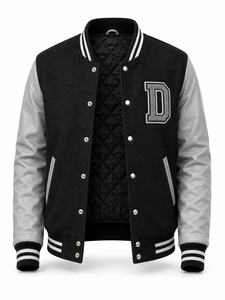 Veste universitaire unisexe noire avec manches en laine grise, broderie lettre D, style streetwear, col rabattu, patchwork décontracté pour l'hiver - Product Image 3