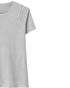 Camiseta de Algodón Gris Claro para Mujer con Pedrería, Manga Corta Casual, Top de Moda de Verano, Fabricante OEM con Logotipo Personalizado al por Mayor - Product Image 3