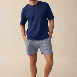 Men's Navy Blue Solid T-Shirt and Striped Shorts <b>Set</b> Casual Summer <b>Knitted</b> Breathable 2-Piece Outfit - Product Image 2