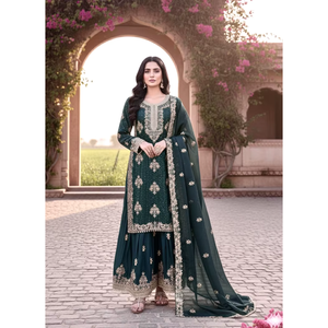 Elegante Conjunto Kurta Palazzo de Seda Fendi con Adornos de Diamantes, Bordado de Lentejuelas y Dupatta Artística - Product Image 1