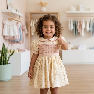 Robe pour bébé et enfant en coton, style vintage traditionnel, brodée, à manches bouffantes, motif floral éclatant, collection Printemps-Été, ODM/OEM - Product Image 5
