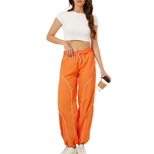Pantalones Anchos Tipo Paracaídas Color Naranja para Mujer, Cintura Alta con Cordón, Largos, Casuales, Transpirables, 100% Poliéster, con Raya Lateral - Product Image 4