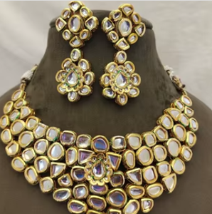 Conjunto de Collar y Pendientes de Moissanita Chapados en Oro Premium con Acabado Kundan, Cadena Larga para Mujer, Estilo Étnico Tradicional para Fiesta de Compromiso - Product Image 2