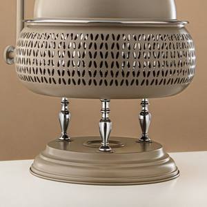 Plat de service moderne beige rond en acier inoxydable avec couvercle suspendu et motif découpé au laser pour buffet de mariage et traiteur - Product Image 4