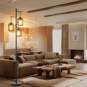 Lampadaire industriel en métal noir avec abat-jour en cage et support E27 pour intérieurs modernes - Product Image 4