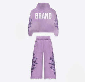 Ensemble de survêtement vintage avec sweat-shirt zippé et pantalon évasé, imprimé personnalisé, style streetwear, en molleton de coton vieilli - Product Image 5