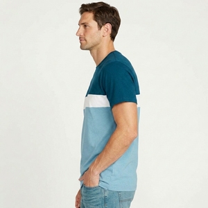 T-shirt pour homme de haute qualité, à blocs de couleur, manches courtes, col rond, coupe classique, en coton, style décontracté, design rayé bleu et blanc - Product Image 3