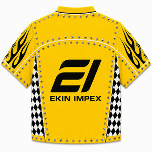 Premium Yellow Front Studded <b>Flame</b> Print V-Neck Jersey <b>Shirt</b> | Oversized Streetwear Top Rhinestones Checkered Detail 100% - Product Image 2