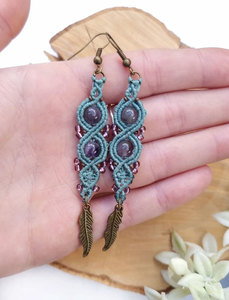 Handmade Macrame Amethyst Feather <b>Earrings</b> Boho Ethnic Crystal <b>Dangle</b> Statement Jewelry for Women - Product Image 1