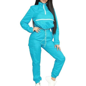 Ensemble de survêtement décontracté pour homme en polyester tricoté respirant, couleur unie, avec veste à col zippé turquoise et pantalon de jogging, idéal pour le printemps - Product Image 1