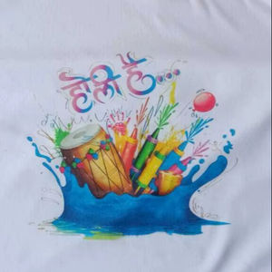 T-shirt unisexe en coton tricoté 100% écologique, imprimé Happy Holi, fond blanc, manches courtes, 180g/m², nouvelle collection printemps - Product Image 3