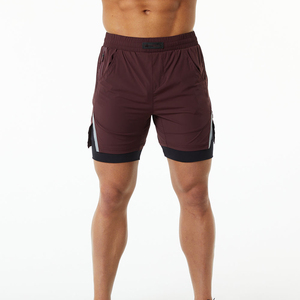 Shorts d'entraînement pour hommes, écologiques, à cordon de serrage, séchage rapide, double couche, fentes latérales, respirants, bordeaux, longueur genou, 2-en-1 - Product Image 2