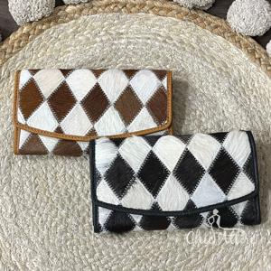 Cartera Larga de Piel Genuina de Vacuno de Lujo para Mujer, Hecha a Mano con Patrón de Diamantes y Bolsillo con Cremallera - Product Image 1