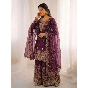 Conjunto Kurti Palazzo de Seda Bordada GMY con Dupatta, Mangas Largas, Listo para Usar, Traje Étnico Festivo para Mujeres y Niñas - Product Image 1