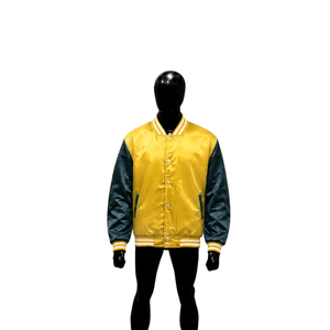 Veste de baseball premium en satin jaune brillant et bleu sarcelle foncé, style varsity, avec manches contrastées jaunes et rayures blanches - Product Image 1
