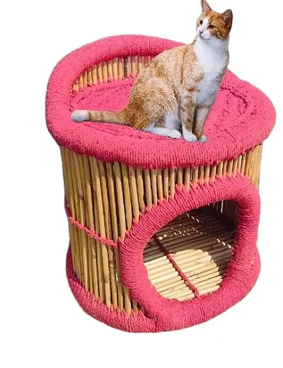 Pink Colour Bamboo Pet House Cute Luxury Soft Small Pet Dog Sitting Bamboo High Quality Animal Cage Living Room Wood Dog House