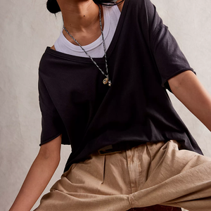Manufacture Oversized Asymmetrical Cold Shoulder T-Shirt Solid <b>Black</b> Short Sleeve Cotton Jersey <b>Women's</b> Plus Size V-Neck <b>Tshirt</b> - Product Image 1