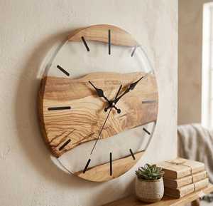 Live Edge Wood Glass <b>Wall</b> <b>Clock</b> – Rustic Boho <b>Silent</b> Home Decor (30cm) - Product Image 4