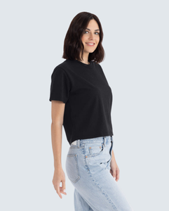 Camiseta Corta Negra para Mujer, Cuello Redondo, Corte Holgado, Manga Corta, Informal, de Algodón - Product Image 3