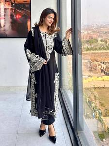 Women's Black Embroidered Kurta Set With <b>White</b> <b>Lace</b> Loose Fit Ankle-Length Traditional Indian Pakistani Wear All Seasons - Product Image 2
