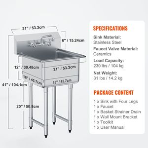 Lavello Commerciale Singolo da Cucina Autoportante in Acciaio Inossidabile a 1 Scomparto con Rubinetto e Gambe, 21"x41" - Product Image 2