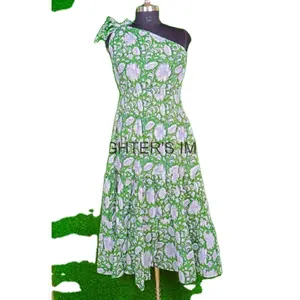 manufacturer and wholesale custom spring summer green one shoulder floral cotton dress elegant casual sexy woman dress