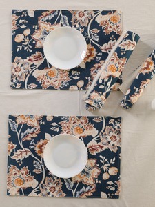 Hot Selling Traditional Woven Navy <b>Blue</b> Floral Cotton Polyester Table <b>Placemat</b>-Luxury Heat Resistant Machine Washable Home - Product Image 3