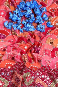 Bright Pink Geometric Mirror Work Placement Print Natural Crepe Fabric With Heavy Border For Designer Kurti And Ethnic Wear - Product Image 4