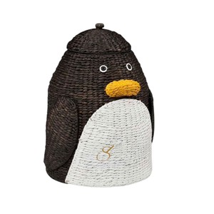 Penguin Water Hyacinth Storage <b>Basket</b> <b>with</b> <b>Lid</b> Woven Animal Toy Organizer Bin Kids Nursery Laundry Hamper Liner - Product Image 1