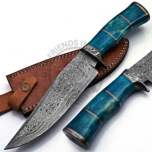 Couteau de chasse Bowie en acier Damas fait main, lame fixe ultra-affûtée, manche en os avec intercalaire en laiton, ambidextre, pour le camping et les activités de plein air - Product Image 2