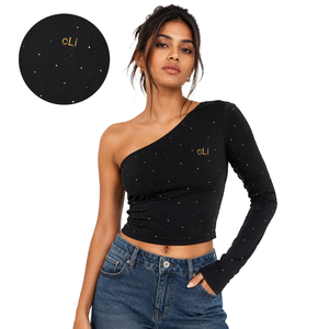 Chemisier asymétrique noir scintillant à une épaule pour femme, coupe ajustée, manches longues, en coton tricoté, avec logo personnalisé - Product Image 1