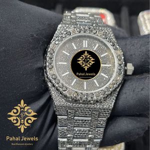 Montre mécanique de luxe glacée avec incrustations de moissanite, bracelet en acier inoxydable, cadran analogique argenté, lunette en cristal, montre-bracelet de soirée - Product Image 4