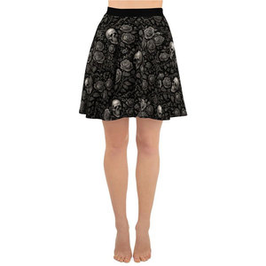 Gothic Skull and Rose <b>Print</b> Women's Skirt - Dark Alternative Flared A-Line <b>Mini</b> Skirt - Halloween Fashion - Product Image 5