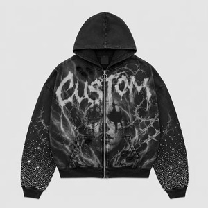 Sudadera con capucha con logo personalizado, corte oversize y estilo crop, con pedrería, de forro polar lavado, con cremallera, estampado frontal, lavado a la piedra vintage, ajuste oversize, MOQ 10 - Product Image 3