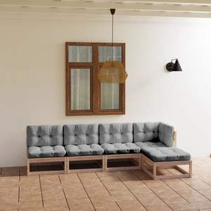 Ensemble de salon de jardin en bois naturel avec coussins gris - Product Image 1