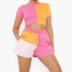 Women's 2-Piece Color Blocked Shorts <b>Set</b> Pink Yellow Cotton Casual Crew Neck Short Sleeve <b>Knitted</b> Regular Fit Above Knee - Product Image 1