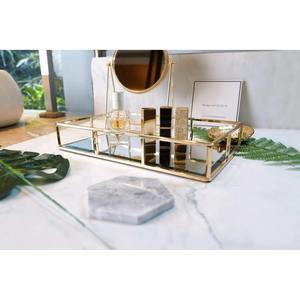 Plateau de vanité rectangulaire moderne en métal doré miroir, présentoir élégant pour parfums et bijoux, organisateur de maquillage en verre et fil doré - Product Image 2