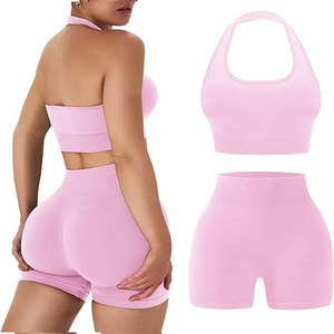 ชุดออกกำลังกายวินเทจสำหรับผู้หญิงแบบขายส่ง ชุด 2 ชิ้น เสื้อชั้นในแบบผูกคอเปิดหลัง กางเกงขาสั้นเอวสูง ผ้ายืด/ผ้าฝ้าย สำหรับโยคะและฟิตเนส - Product Image 4