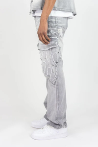 Jean en denim gris déchiré pour homme, taille mi-haute, fermeture boutonnée, style urbain, avec perles décoratives, pantalon unisexe - Product Image 4