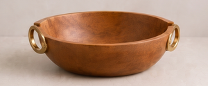 Bol de service rond en bois de manguier finition noyer avec poignées latérales métalliques modernes - Product Image 5