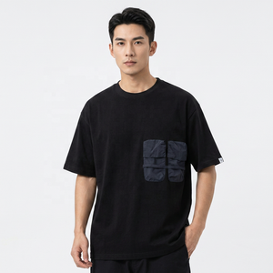 Men's Oversized Black Cotton T-<b>Shirt</b> With Contrast <b>Pockets</b> Short Sleeve O-Neck Casual Jersey Fit - Product Image 4